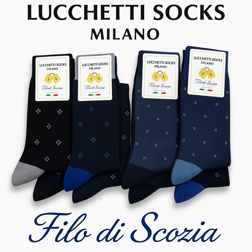 6 Paia Lucchetti Socks Milano Calze Uomo LUNGHE Filo di Scozia Fantasia Cotone Colorate Pois Righe Disegni Divertenti Made in Italy