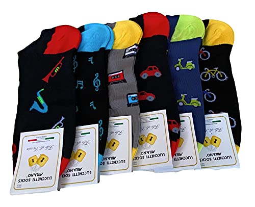 6 Paia Lucchetti Socks Milano Fantasmini Uomo Cotone Colorati Fantasia Filo Di Scozia Pois Disegni Calzini Corti Alla Caviglia Made In Italy