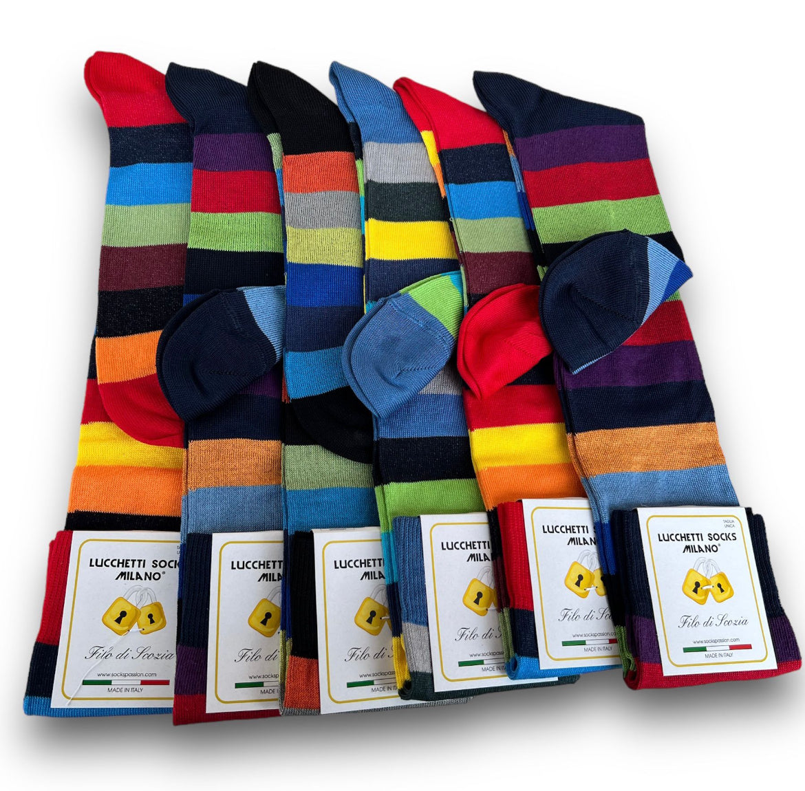 6 Paia Lucchetti Socks Milano Calze Uomo LUNGHE Filo di Scozia Fantasia Cotone Colorate Pois Righe Disegni Divertenti Made in Italy
