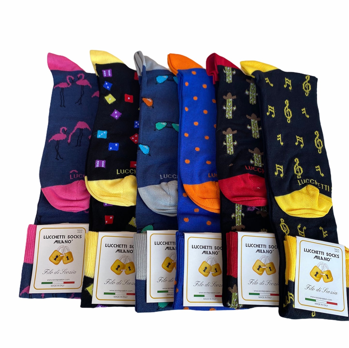 6 Paia Lucchetti Socks Milano Calze Uomo LUNGHE Filo di Scozia Fantasia Cotone Colorate Pois Righe Disegni Divertenti Made in Italy