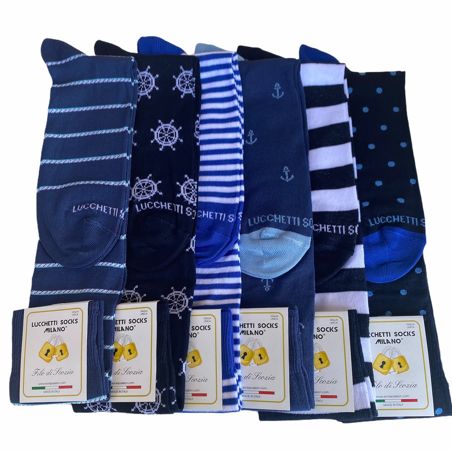 6 Paia Lucchetti Socks Milano Calze Uomo LUNGHE Filo di Scozia Fantasia Cotone Colorate Pois Righe Disegni Divertenti Made in Italy