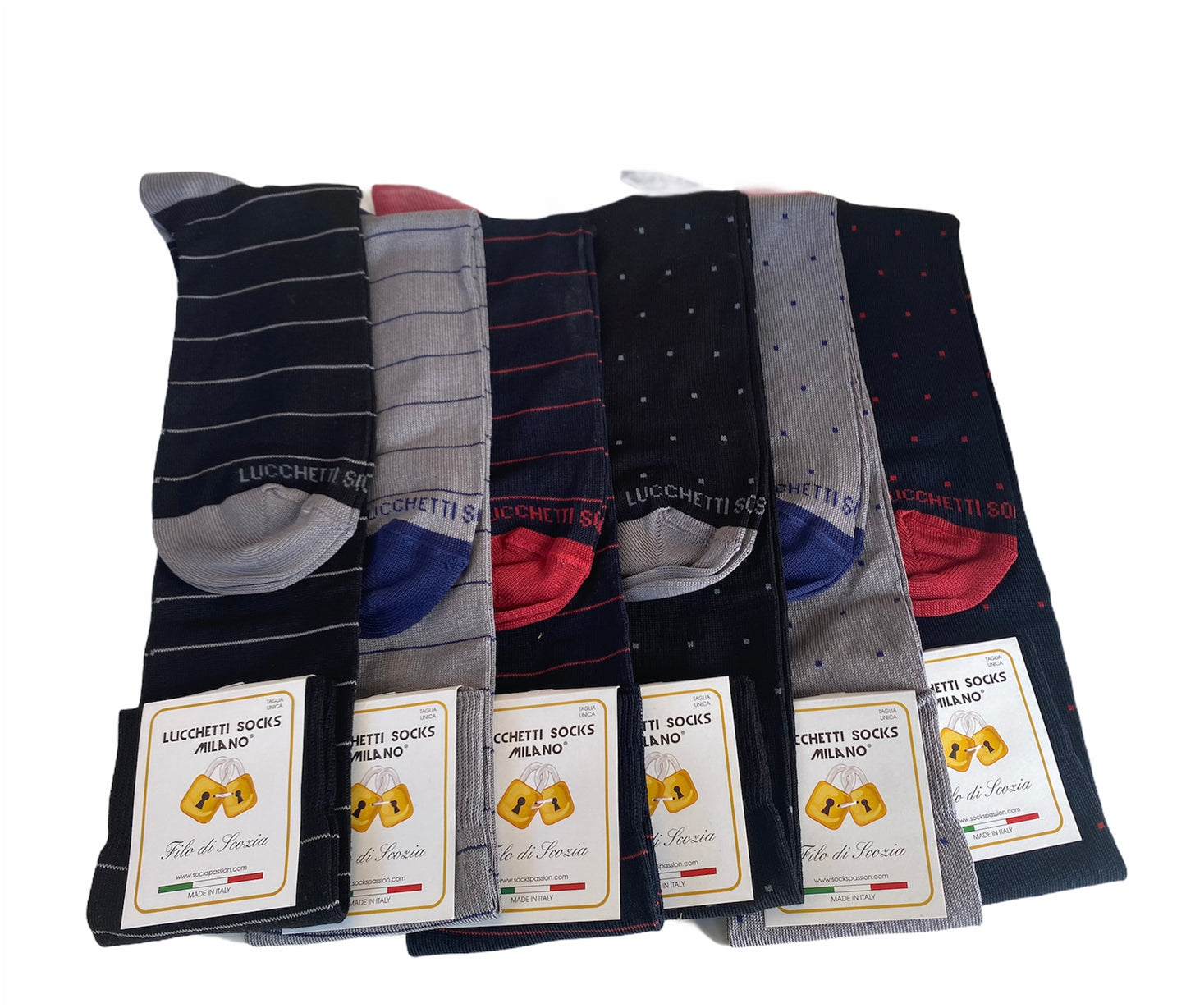 6 Paia Lucchetti Socks Milano Calze Uomo LUNGHE Filo di Scozia Fantasia Cotone Colorate Pois Righe Disegni Divertenti Made in Italy