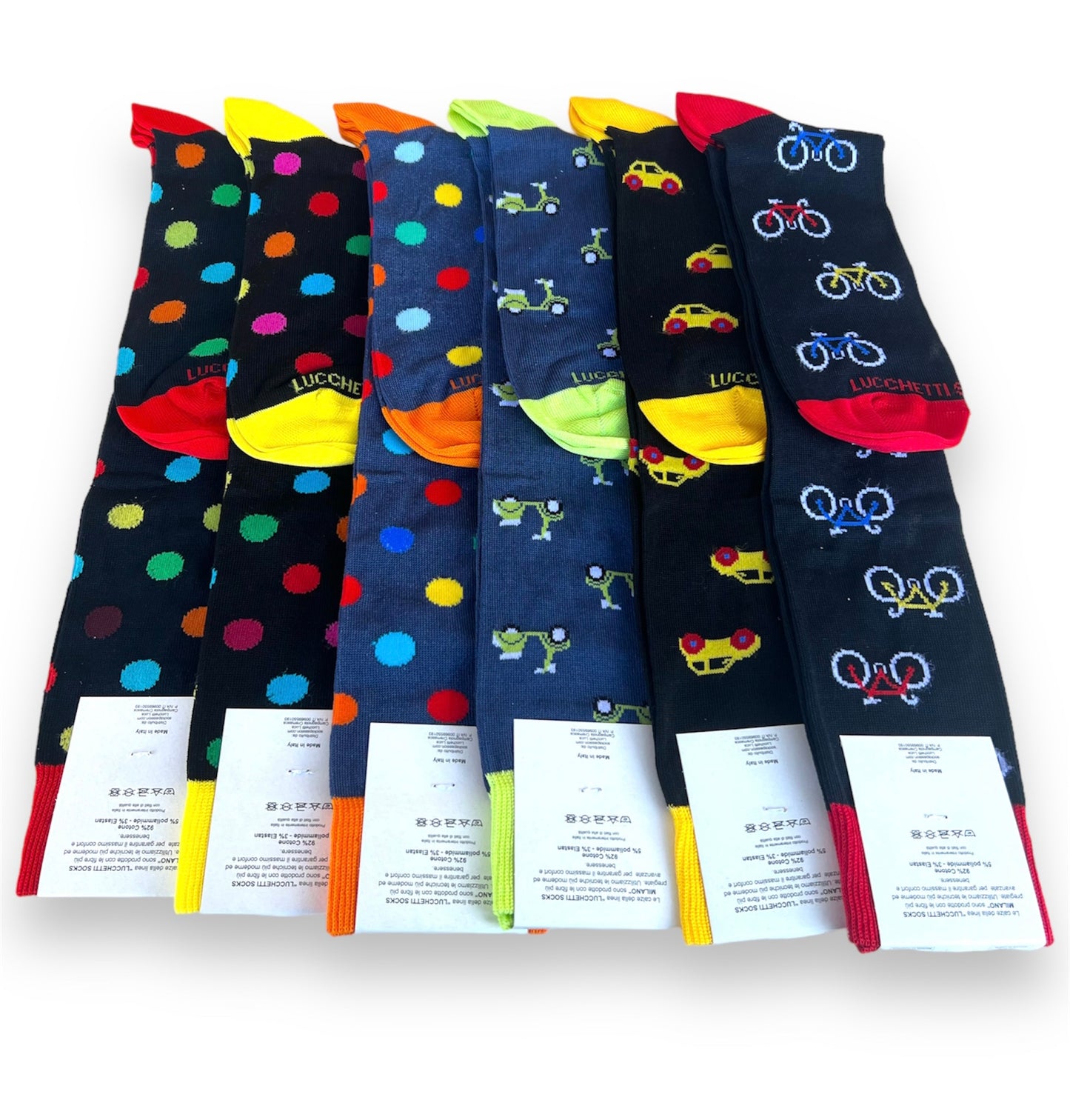 6 Paia Lucchetti Socks Milano Calze Uomo LUNGHE Filo di Scozia Fantasia Cotone Colorate Pois Righe Disegni Divertenti Made in Italy