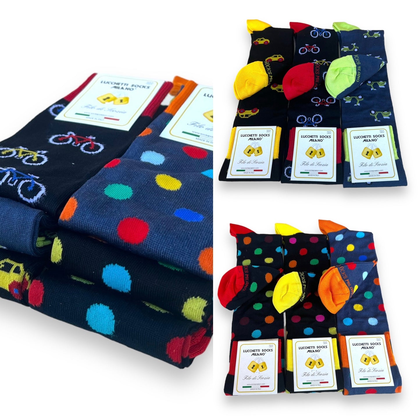 6 Paia Lucchetti Socks Milano Calze Uomo LUNGHE Filo di Scozia Fantasia Cotone Colorate Pois Righe Disegni Divertenti Made in Italy