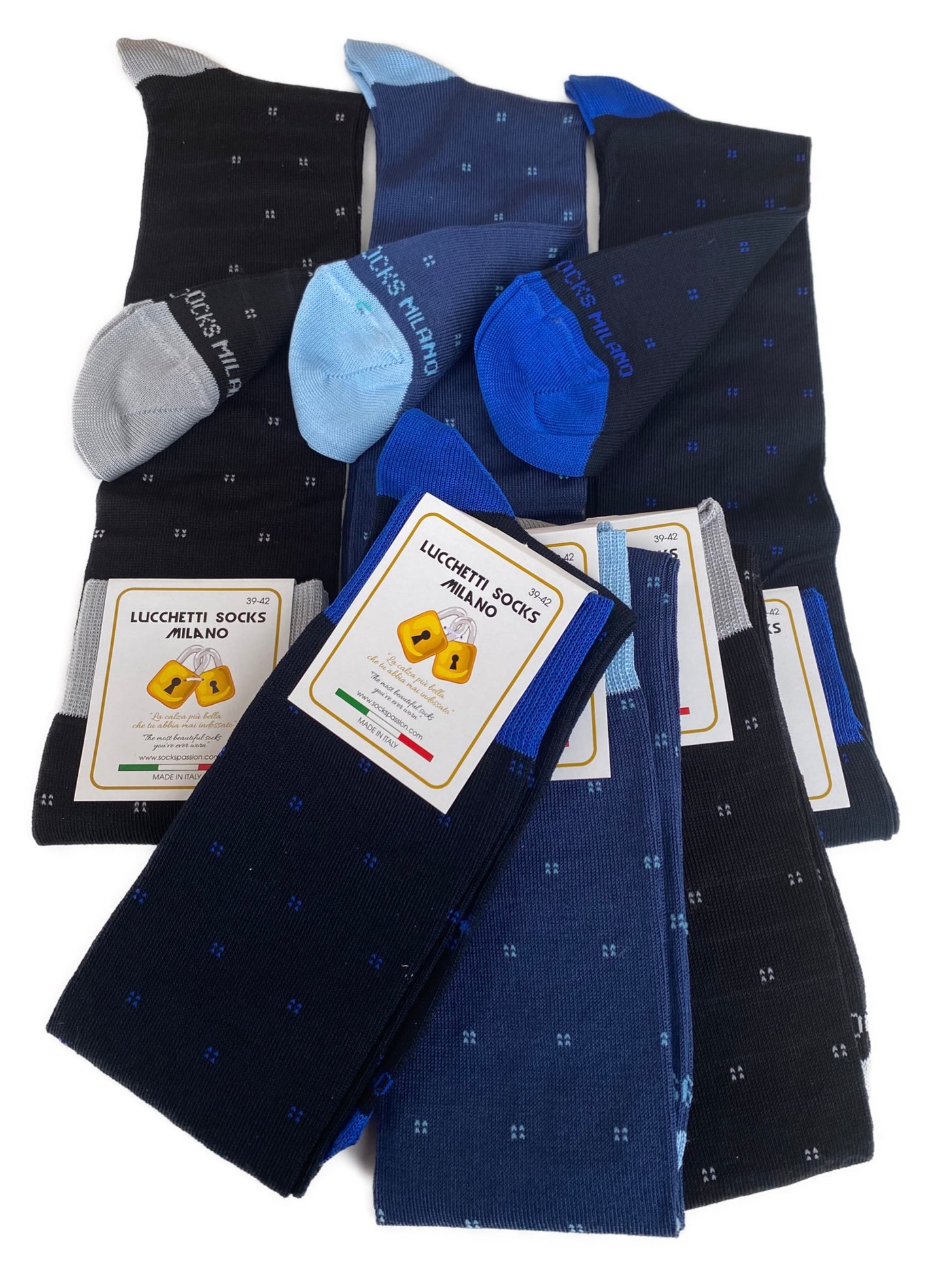 6 Paia Lucchetti Socks Milano Calze Uomo LUNGHE Filo di Scozia Fantasia Cotone Colorate Pois Righe Disegni Divertenti Made in Italy