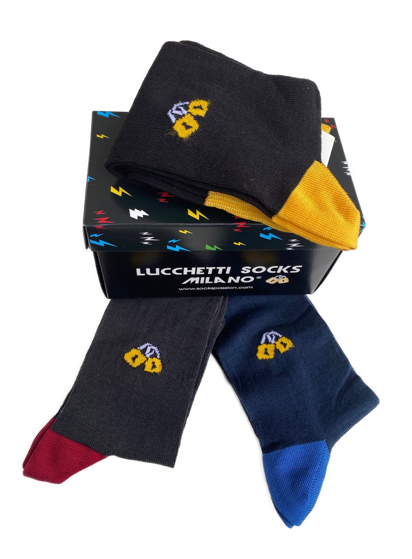 Set "LOCKED" Edizione Limitata - 3 Paia Lucchetti Socks Milano, Calze Uomo Lunghe in Cotone in Elegante Scatola Regalo
