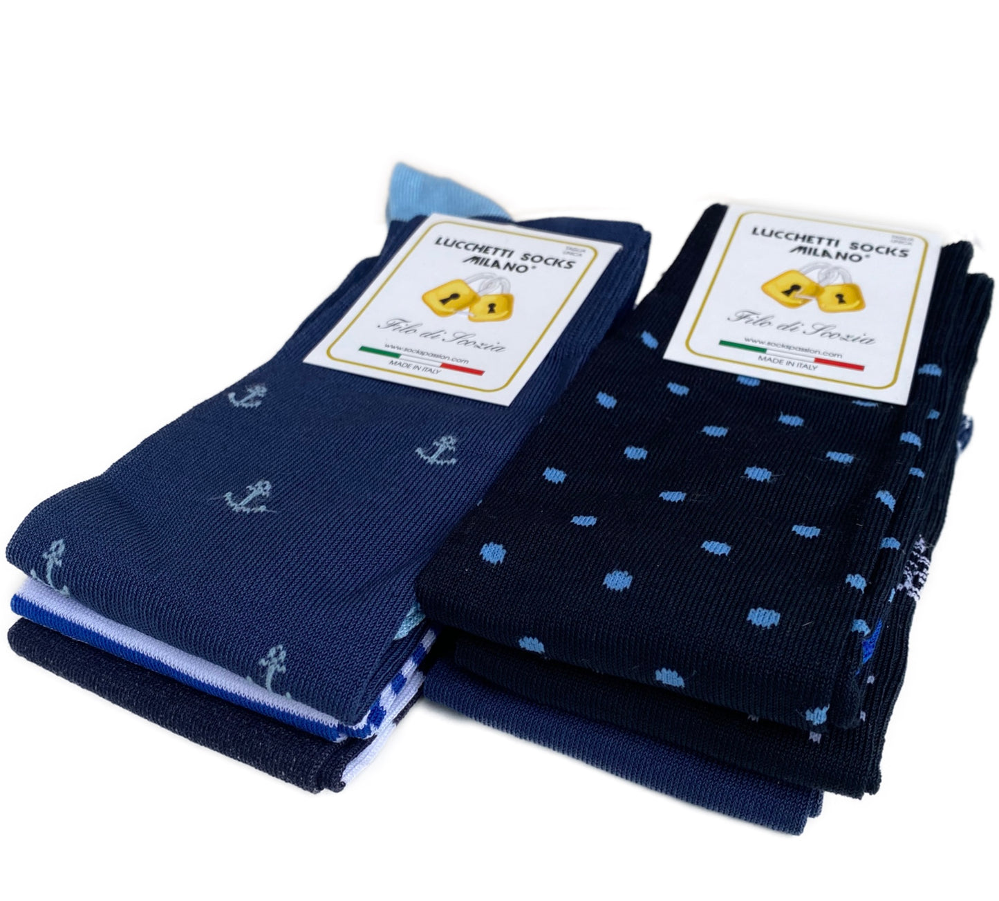 6 Paia Lucchetti Socks Milano Calze Uomo LUNGHE Filo di Scozia Fantasia Cotone Colorate Pois Righe Disegni Divertenti Made in Italy