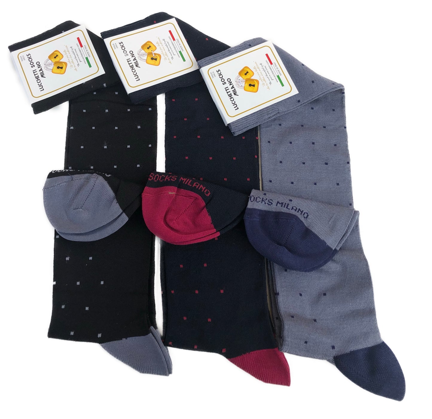 6 Paia Lucchetti Socks Milano Calze Uomo LUNGHE Filo di Scozia Fantasia Cotone Colorate Pois Righe Disegni Divertenti Made in Italy
