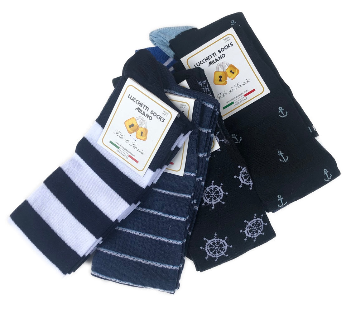 6 Paia Lucchetti Socks Milano Calze Uomo LUNGHE Filo di Scozia Fantasia Cotone Colorate Pois Righe Disegni Divertenti Made in Italy