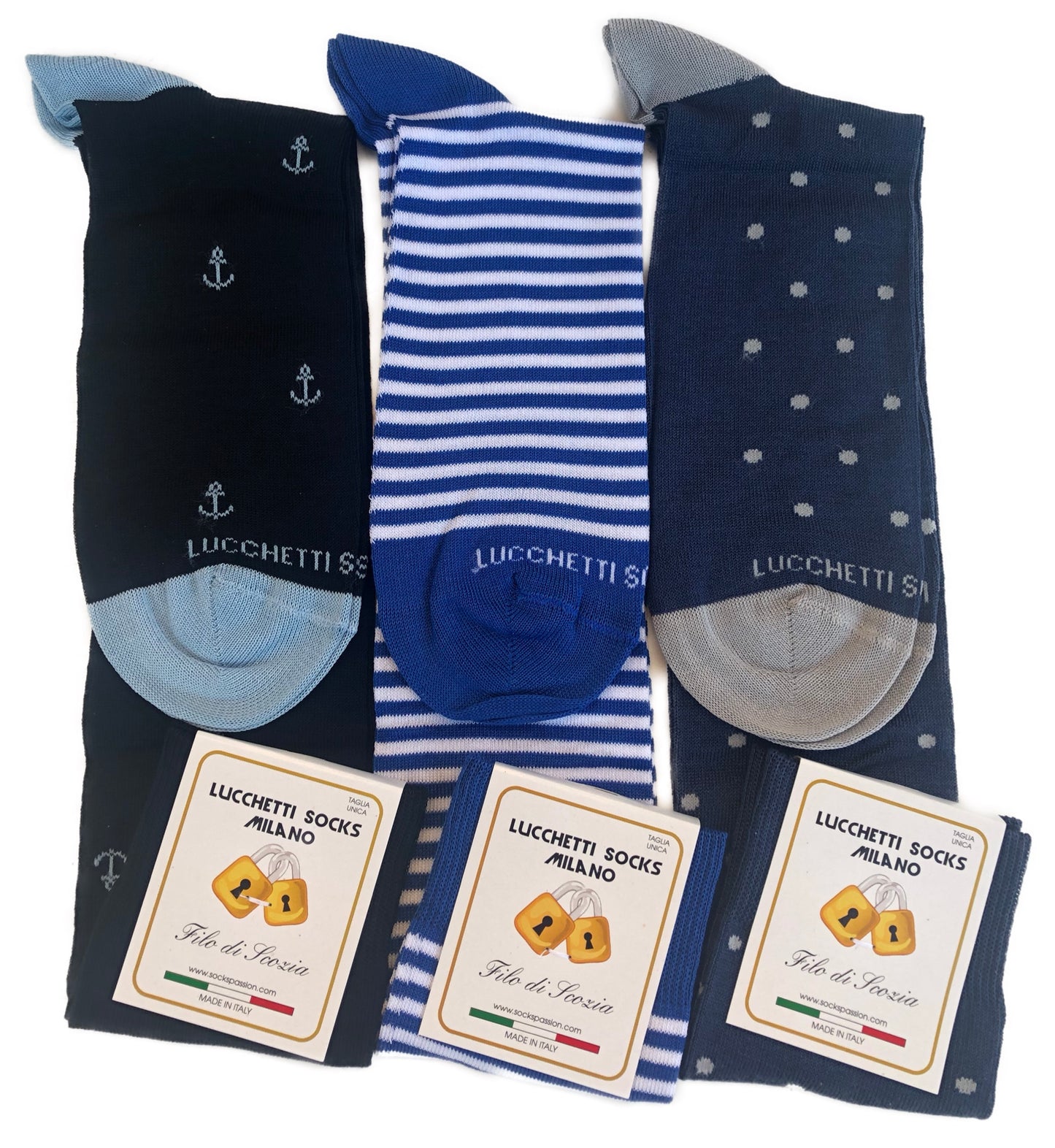 6 Paia Lucchetti Socks Milano Calze Uomo LUNGHE Filo di Scozia Fantasia Cotone Colorate Pois Righe Disegni Divertenti Made in Italy