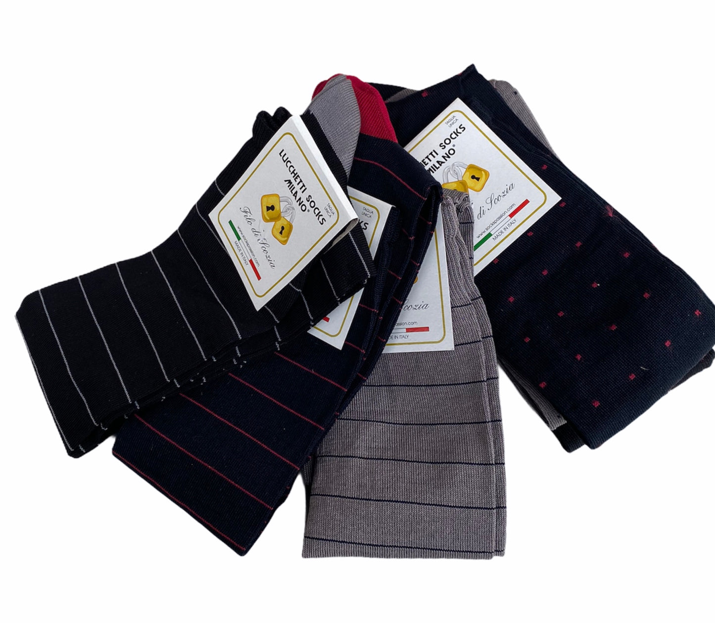 6 Paia Lucchetti Socks Milano Calze Uomo LUNGHE Filo di Scozia Fantasia Cotone Colorate Pois Righe Disegni Divertenti Made in Italy