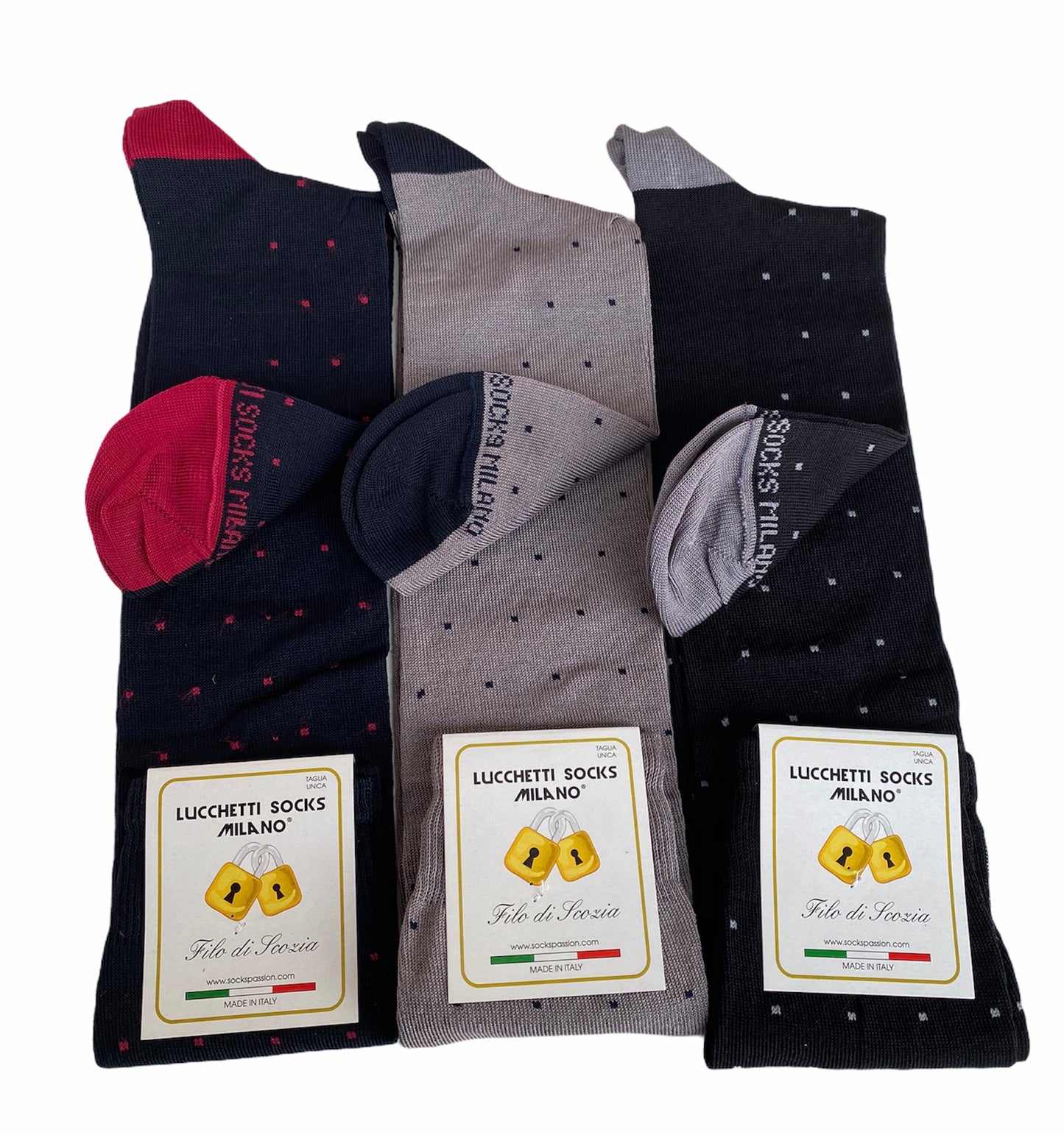 6 Paia Lucchetti Socks Milano Calze Uomo LUNGHE Filo di Scozia Fantasia Cotone Colorate Pois Righe Disegni Divertenti Made in Italy