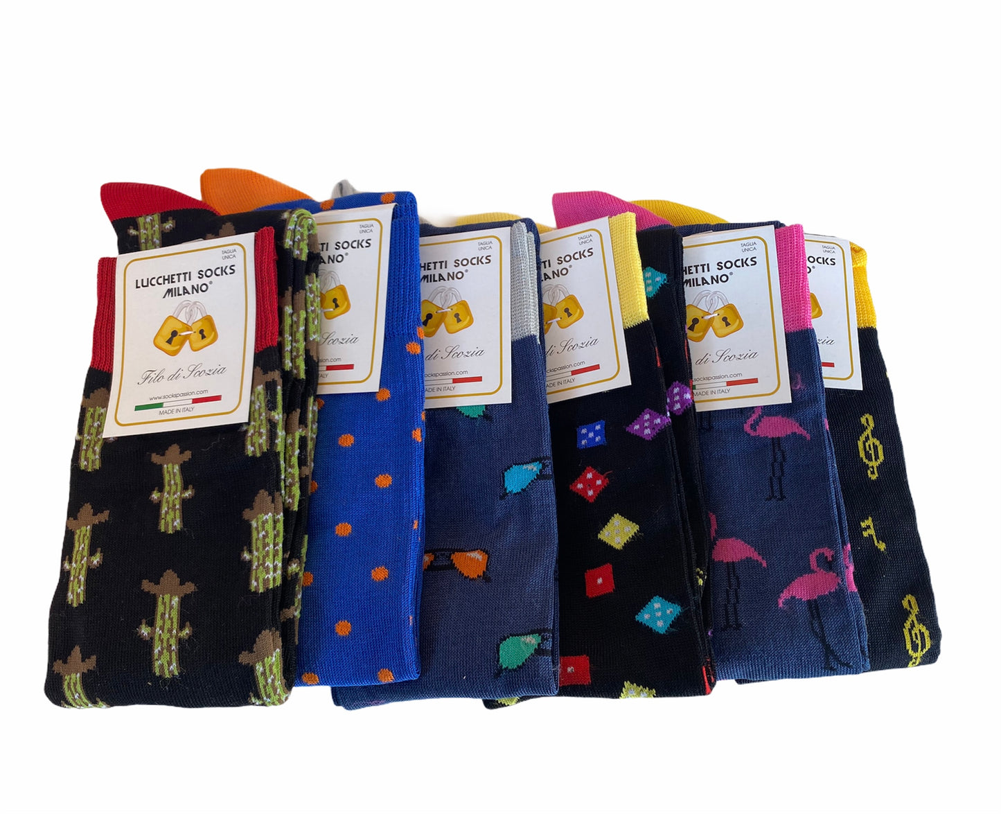6 Paia Lucchetti Socks Milano Calze Uomo LUNGHE Filo di Scozia Fantasia Cotone Colorate Pois Righe Disegni Divertenti Made in Italy