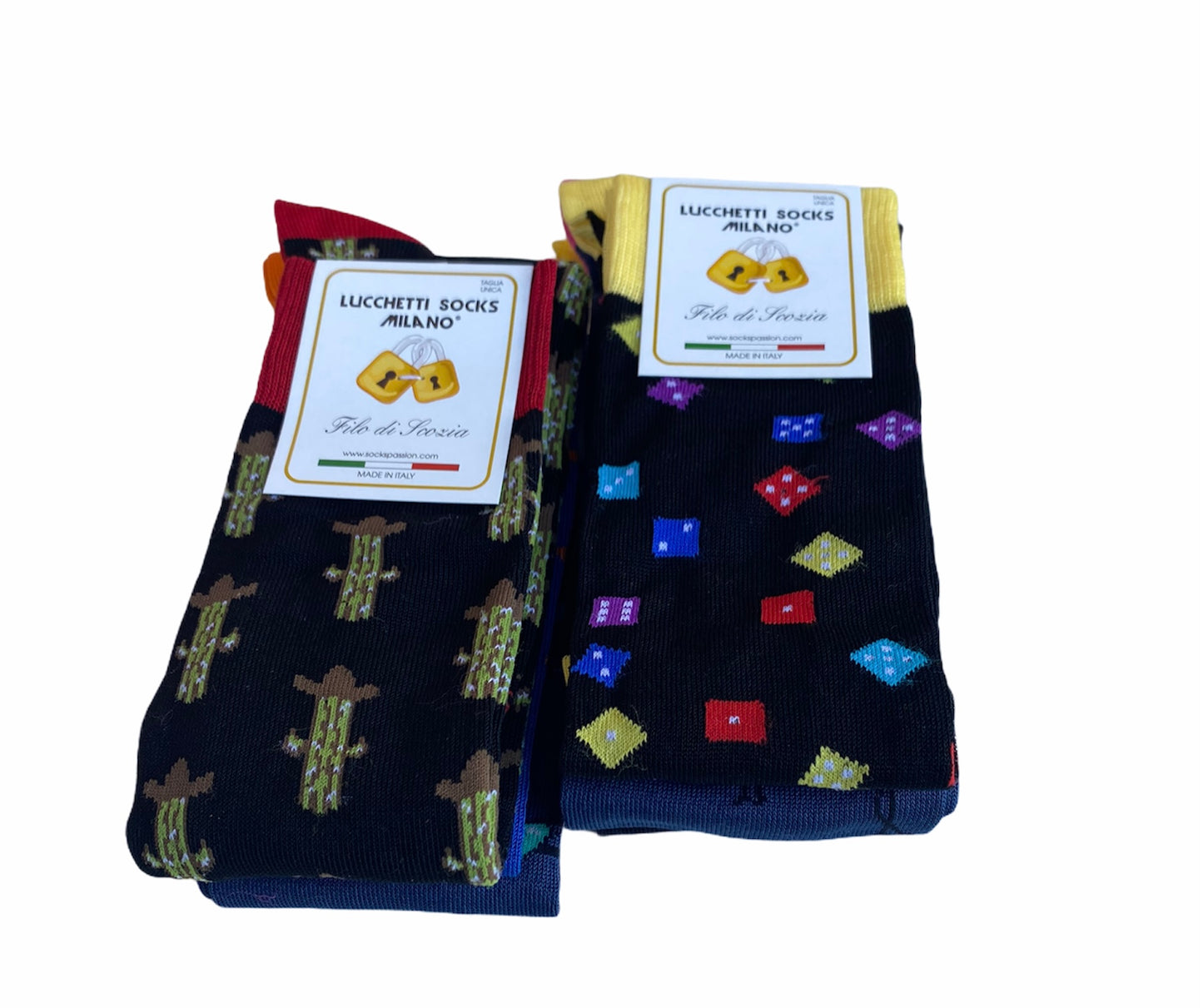 6 Paia Lucchetti Socks Milano Calze Uomo LUNGHE Filo di Scozia Fantasia Cotone Colorate Pois Righe Disegni Divertenti Made in Italy