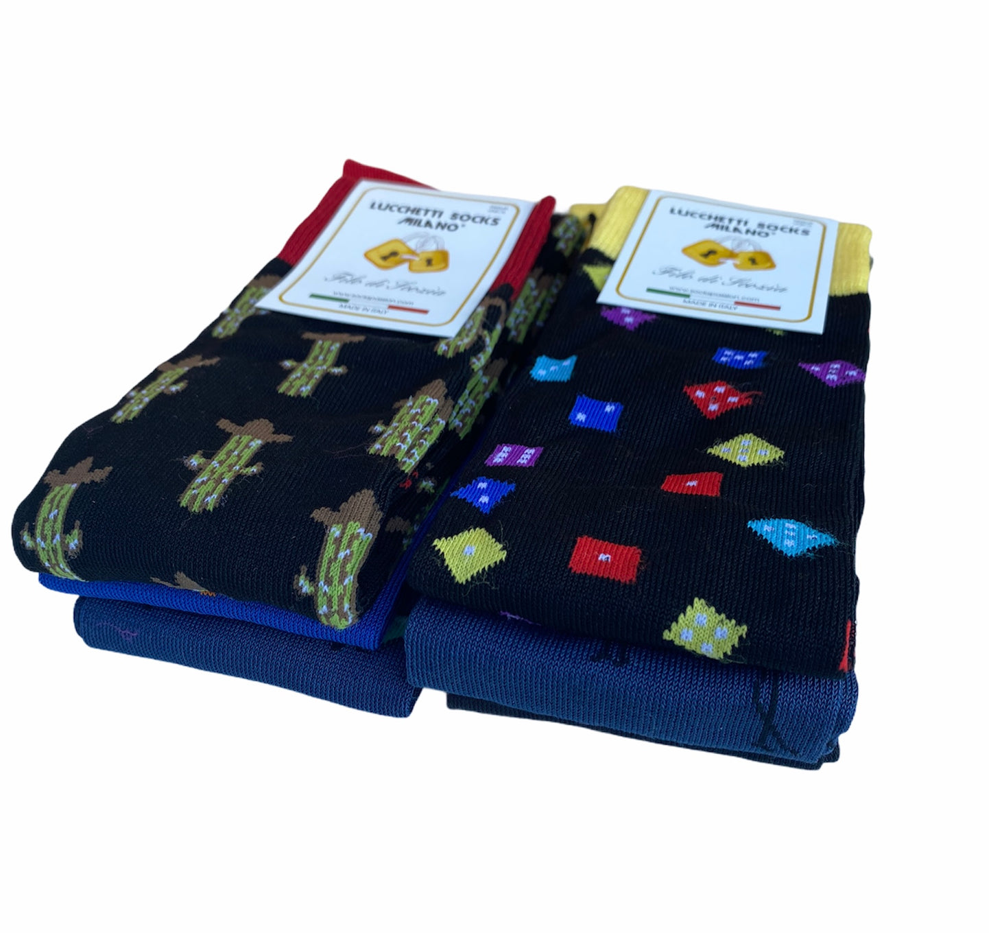 6 Paia Lucchetti Socks Milano Calze Uomo LUNGHE Filo di Scozia Fantasia Cotone Colorate Pois Righe Disegni Divertenti Made in Italy