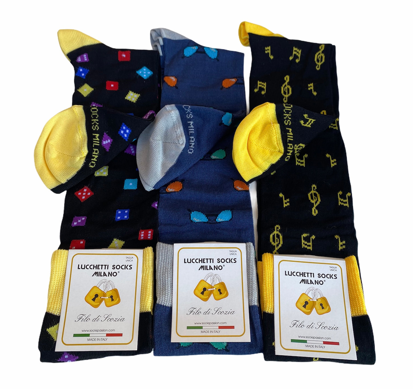 6 Paia Lucchetti Socks Milano Calze Uomo LUNGHE Filo di Scozia Fantasia Cotone Colorate Pois Righe Disegni Divertenti Made in Italy