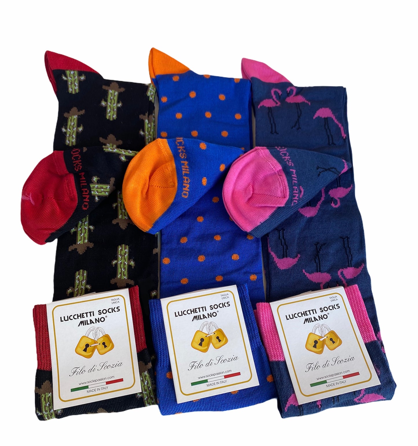 6 Paia Lucchetti Socks Milano Calze Uomo LUNGHE Filo di Scozia Fantasia Cotone Colorate Pois Righe Disegni Divertenti Made in Italy