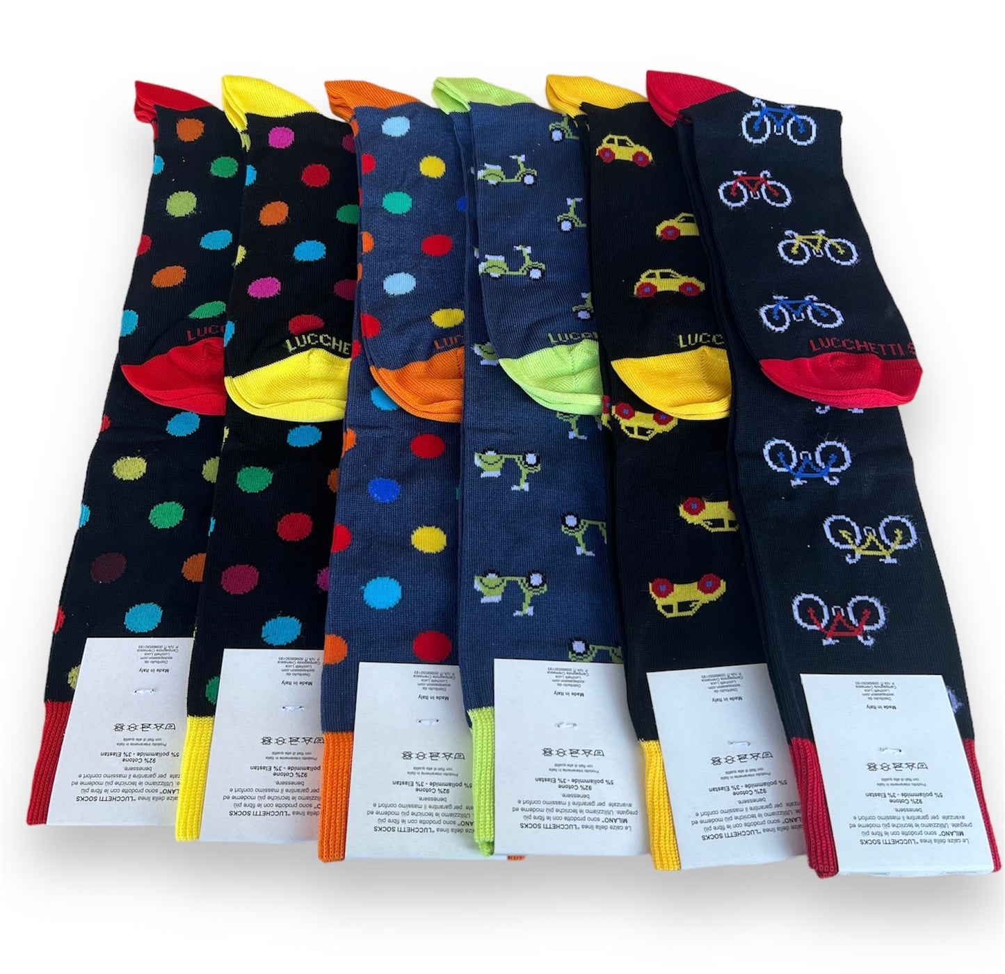 6 Paia Lucchetti Socks Milano Calze Uomo LUNGHE Filo di Scozia Fantasia Cotone Colorate Pois Righe Disegni Divertenti Made in Italy
