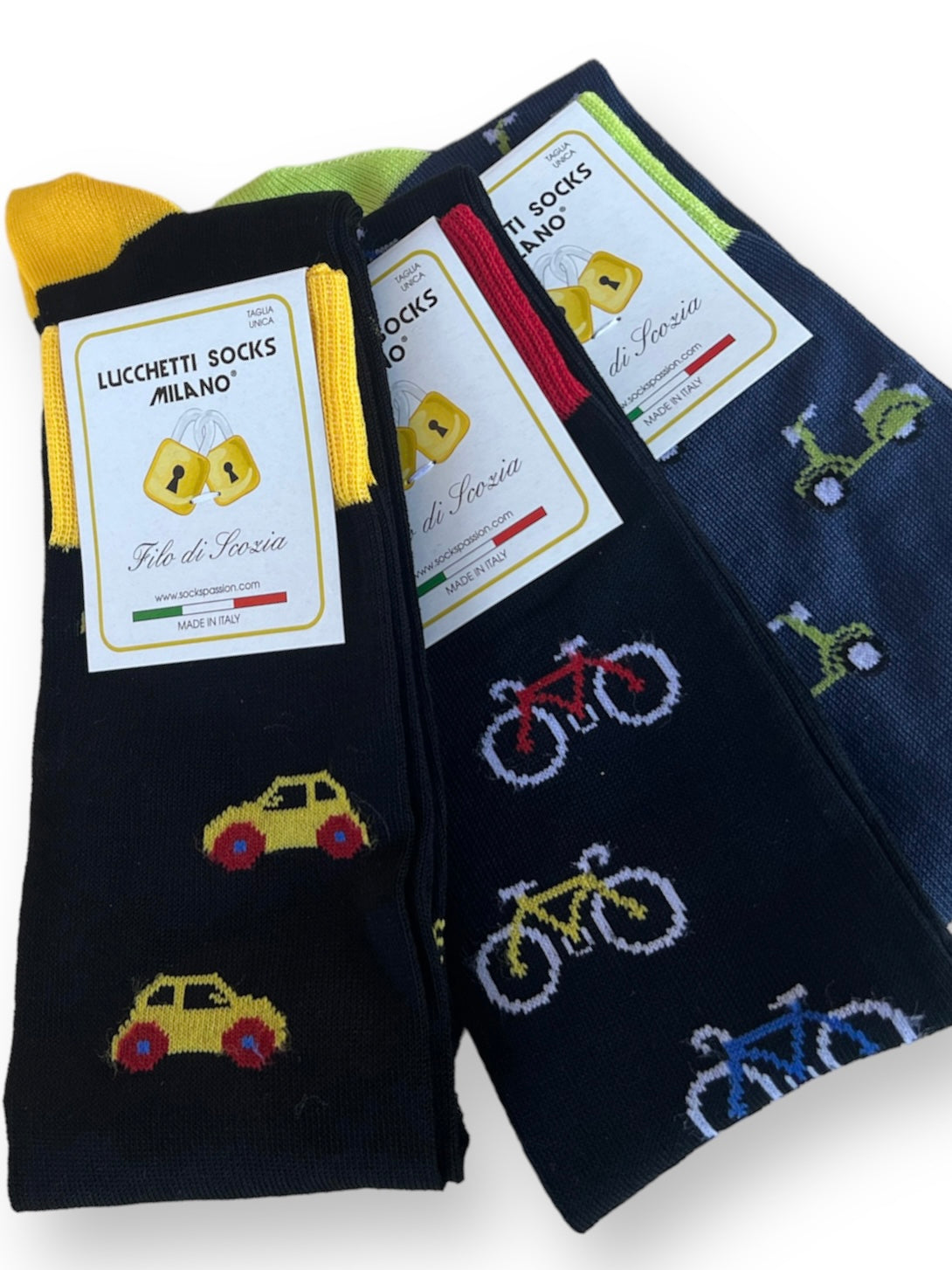6 Paia Lucchetti Socks Milano Calze Uomo LUNGHE Filo di Scozia Fantasia Cotone Colorate Pois Righe Disegni Divertenti Made in Italy