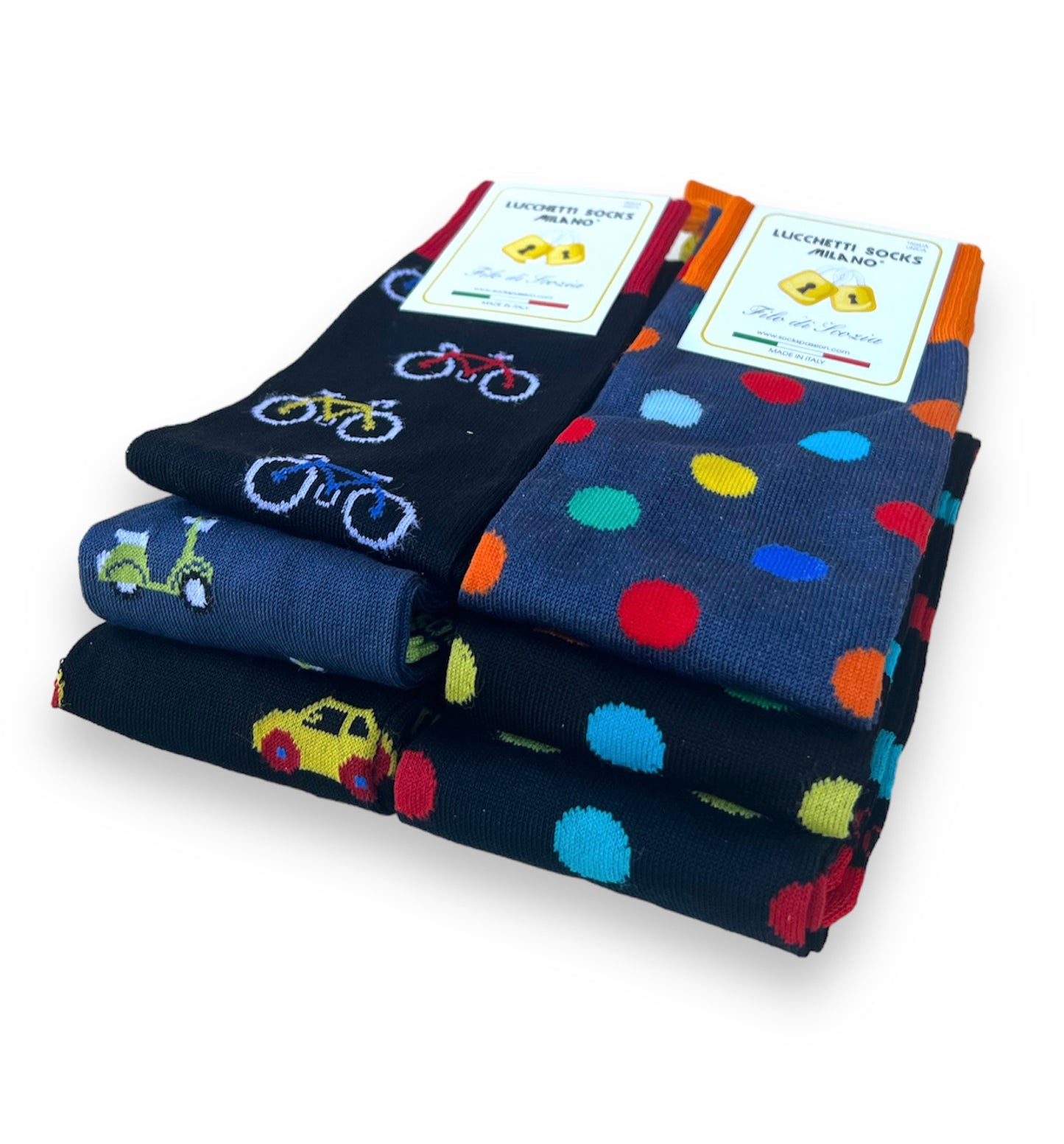 6 Paia Lucchetti Socks Milano Calze Uomo LUNGHE Filo di Scozia Fantasia Cotone Colorate Pois Righe Disegni Divertenti Made in Italy