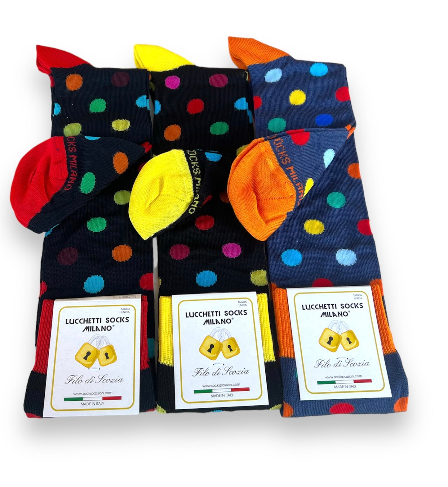 6 Paia Lucchetti Socks Milano Calze Uomo LUNGHE Filo di Scozia Fantasia Cotone Colorate Pois Righe Disegni Divertenti Made in Italy