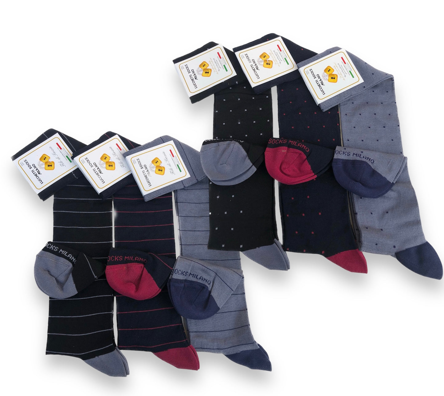 6 Paia Lucchetti Socks Milano Calze Uomo LUNGHE Filo di Scozia Fantasia Cotone Colorate Pois Righe Disegni Divertenti Made in Italy
