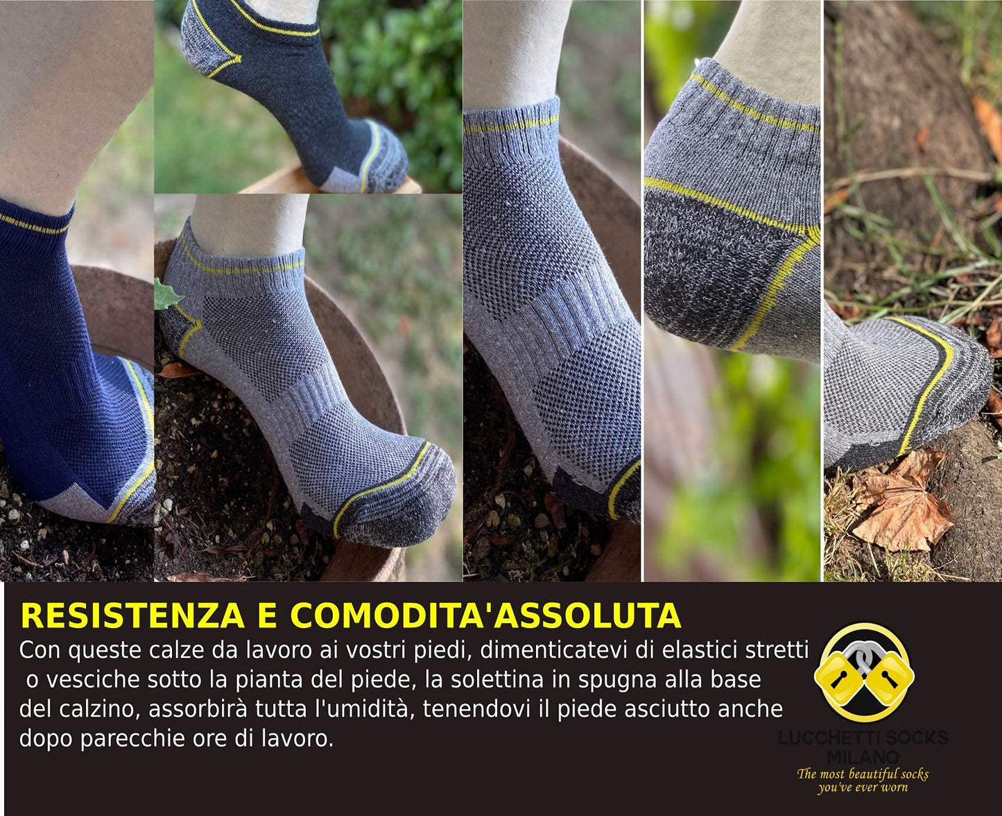 Lucchetti Socks Milano 6 Paia Calze da Lavoro Estive Uomo Corte Fantasmini Uomo Cotone Calzini Uomo Corti alla Caviglia Traspiranti e Rinforzati Soletta in Spugna