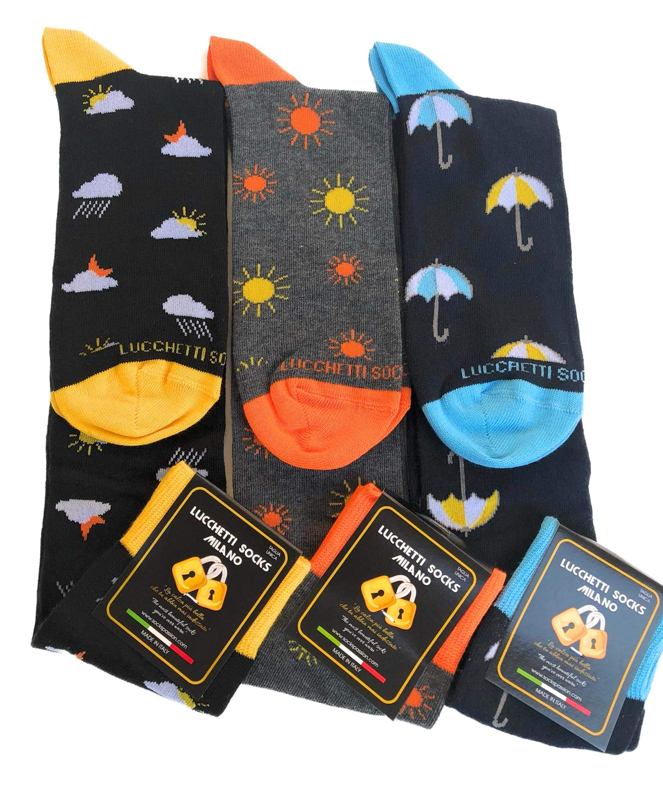 Lucchetti Socks Milano SET 3 PAIA DI CALZE UOMO LUNGHE CALDO COTONE COLORATE TENDENZA POIS FANTASIA FASHION MADE IN ITALY (SET METEO EST)
