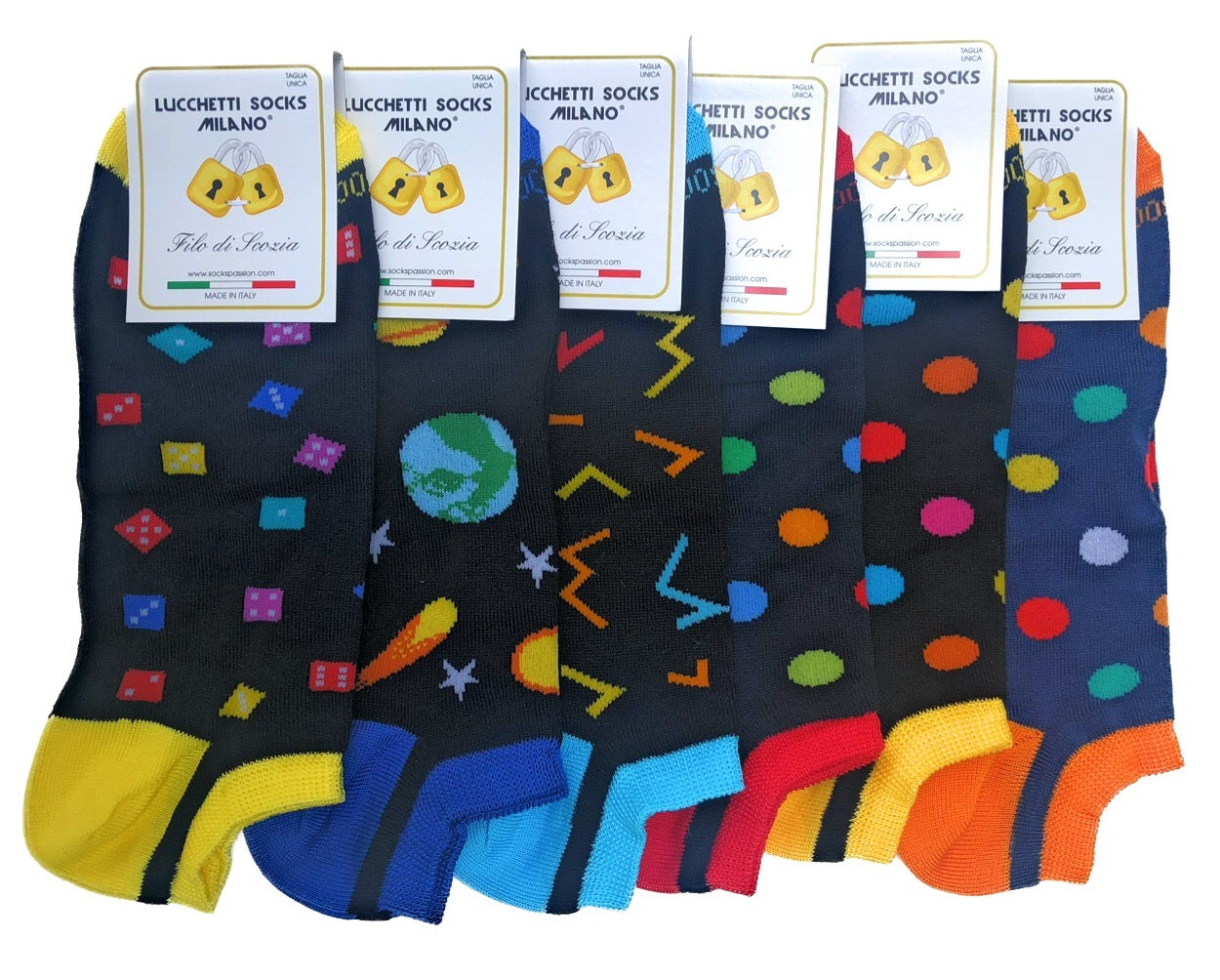 6 Paia Lucchetti Socks Milano Fantasmini Uomo Cotone Colorati Fantasia Filo Di Scozia Pois Disegni Calzini Corti Alla Caviglia Made In Italy