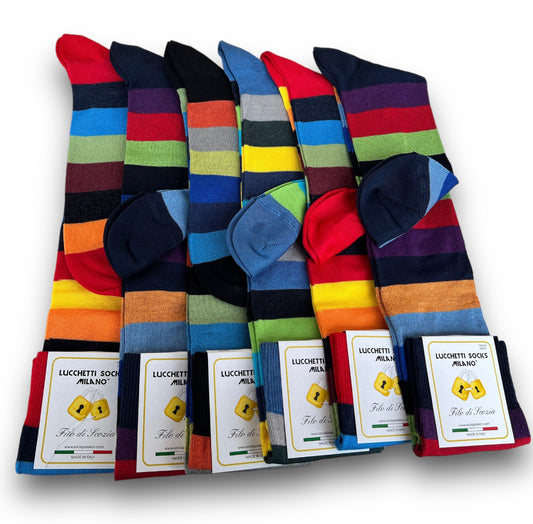 6 Paia Lucchetti Socks Milano Calze Uomo LUNGHE Filo di Scozia Fantasia Cotone Colorate Pois Righe Disegni Divertenti Made in Italy
