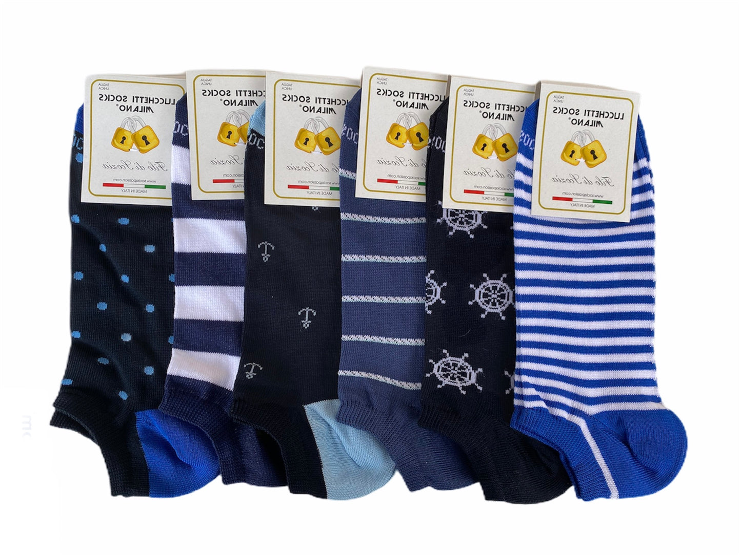 6 Paia Lucchetti Socks Milano Fantasmini Uomo Cotone Colorati Fantasia Filo Di Scozia Pois Disegni Calzini Corti Alla Caviglia Made In Italy
