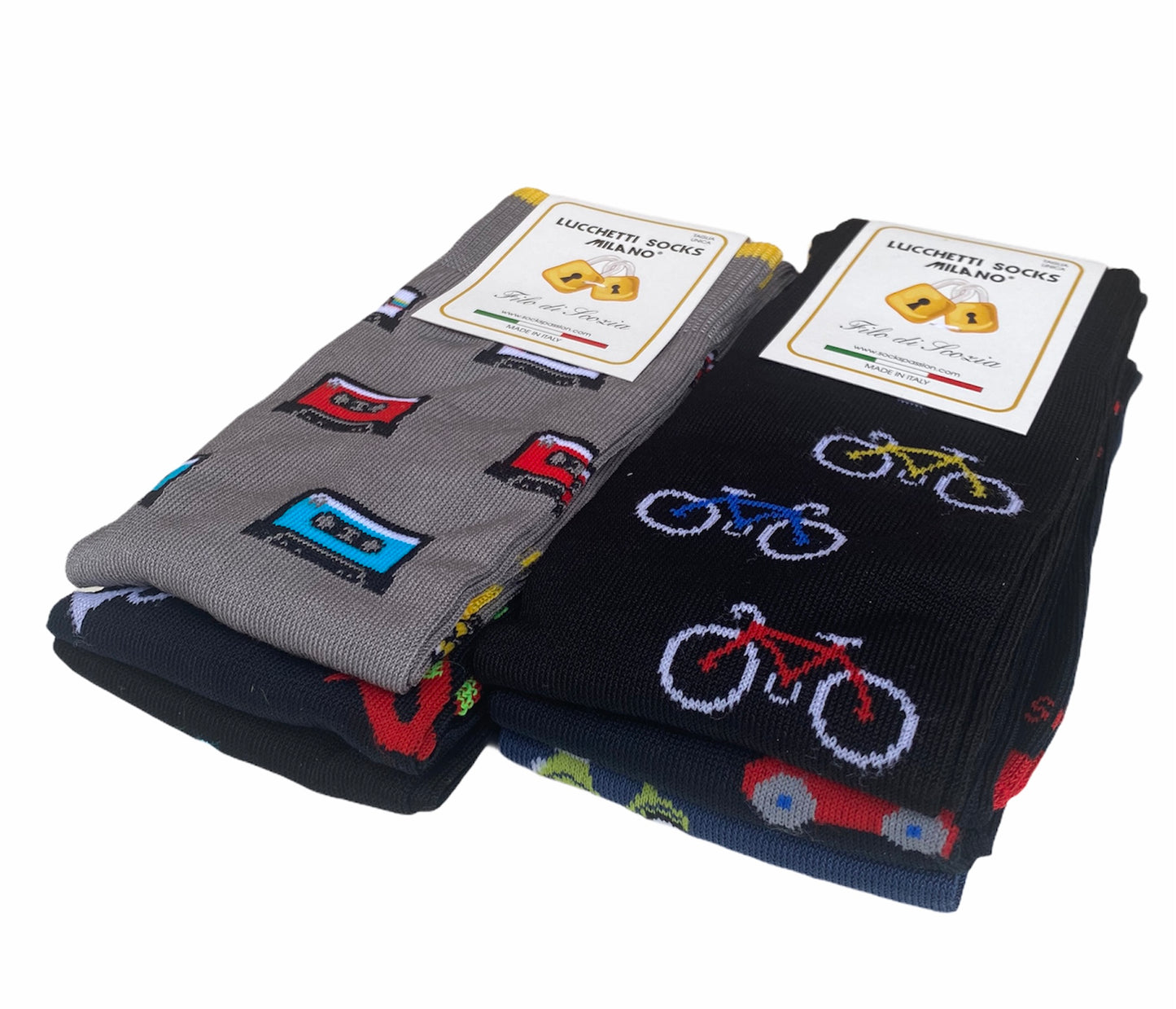 6 Paia Lucchetti Socks Milano Calze Uomo LUNGHE Filo di Scozia Fantasia Cotone Colorate Pois Righe Disegni Divertenti Made in Italy