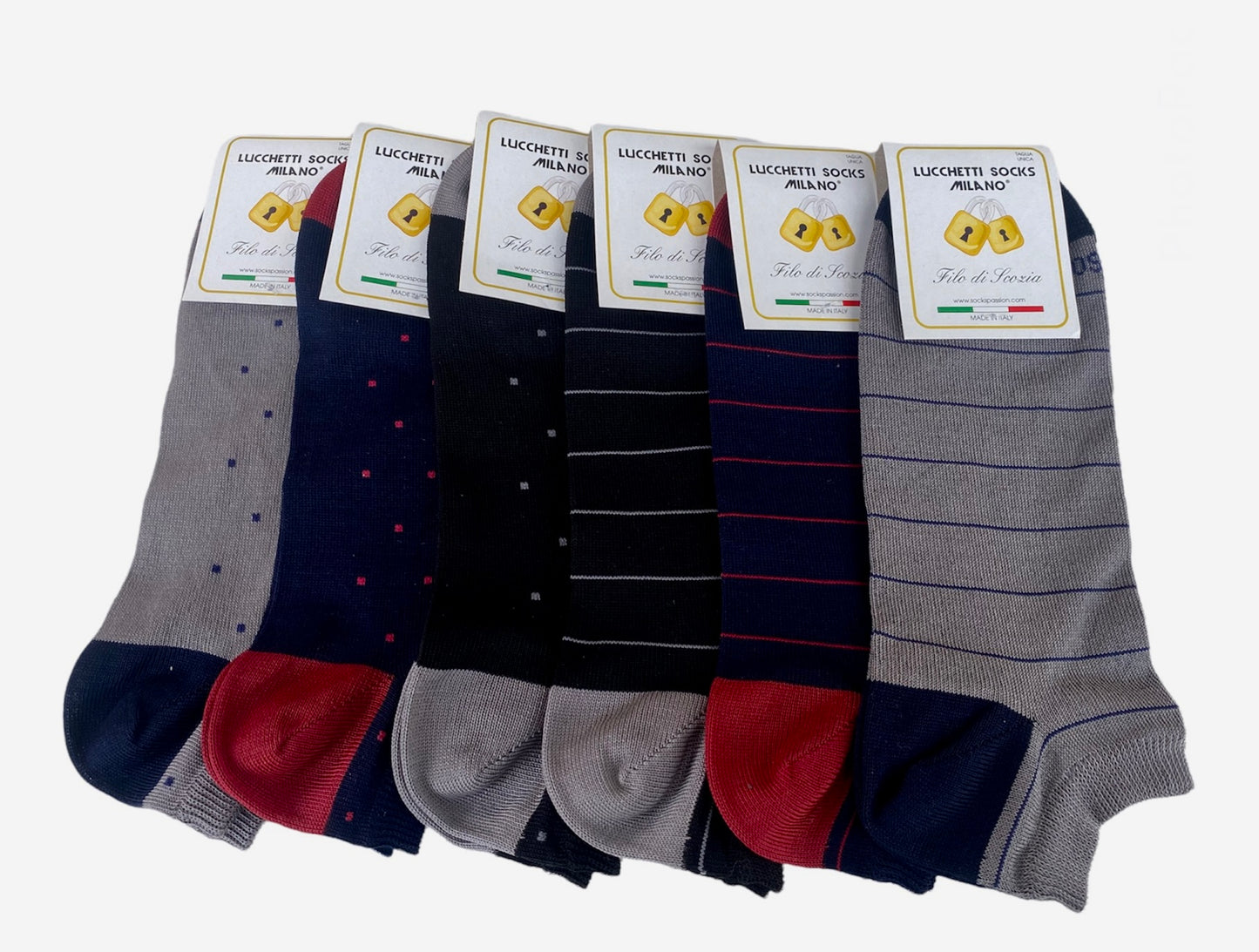 6 Paia Lucchetti Socks Milano Fantasmini Uomo Cotone Colorati Fantasia Filo Di Scozia Pois Disegni Calzini Corti Alla Caviglia Made In Italy