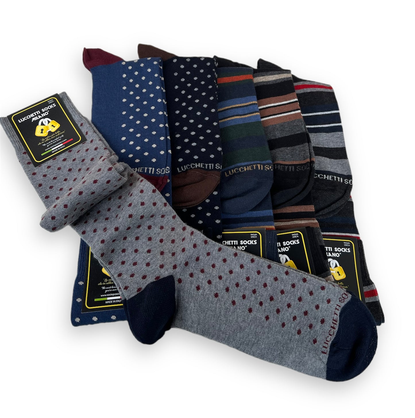 6 Paia di calze uomo lunghe caldo cotone colorate tendenza pois fantasia fashion Made in Italy Set Trapezio