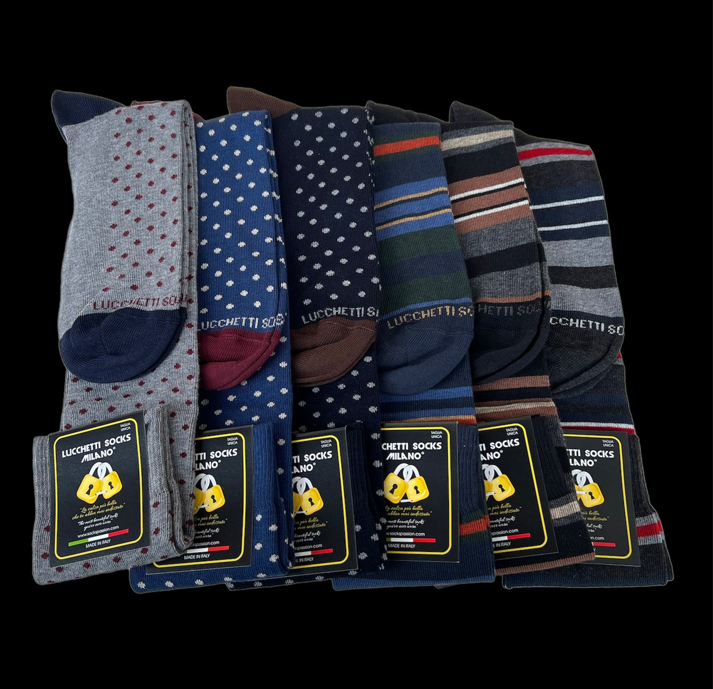 6 Paia di calze uomo lunghe caldo cotone colorate tendenza pois fantasia fashion Made in Italy Set Trapezio