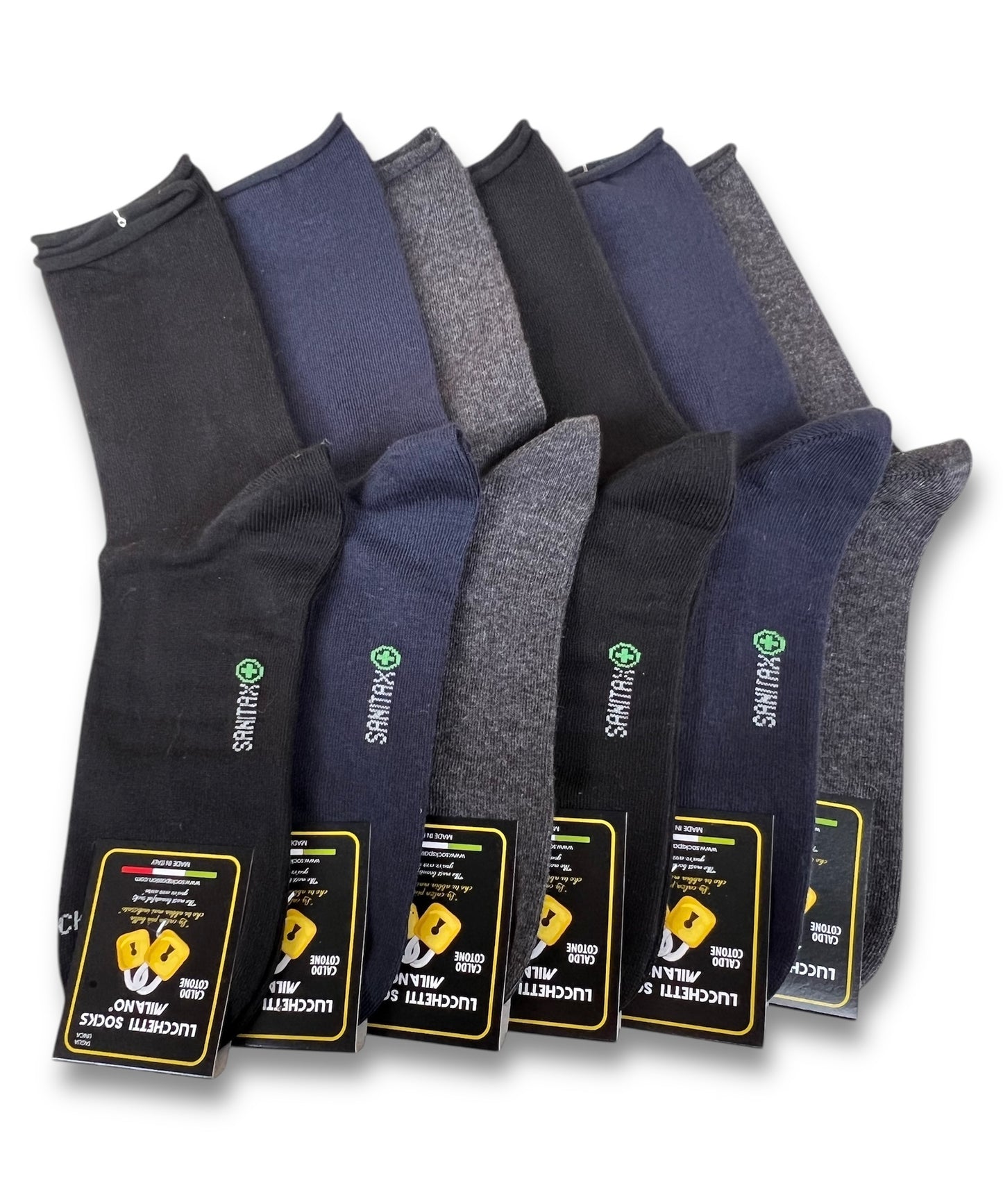 6 Paia Lucchetti Socks Milano Calze Da Uomo SANITARIE Caldo Cotone Invernali Senza Elastico taglio laser rimagliate Made in Italy