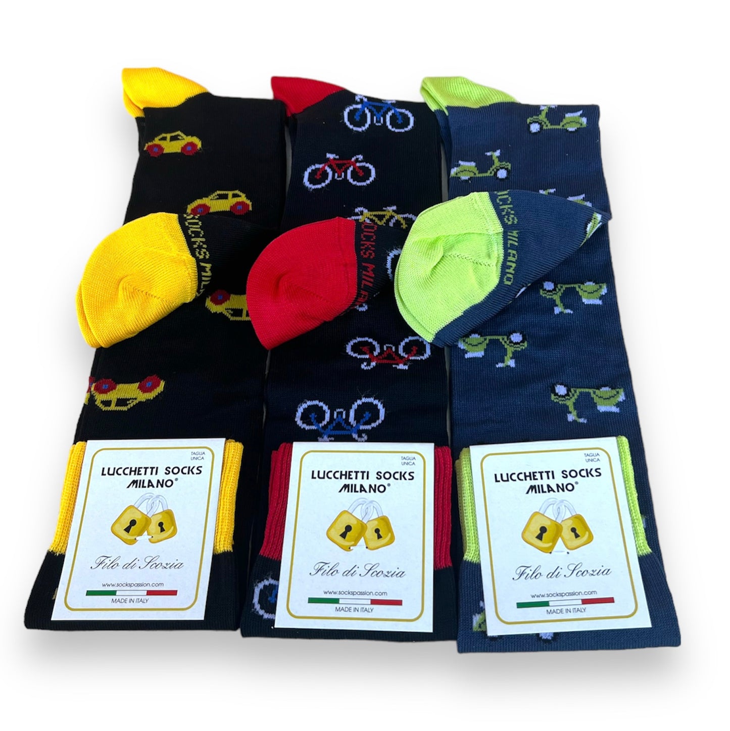 6 Paia Lucchetti Socks Milano Calze Uomo LUNGHE Filo di Scozia Fantasia Cotone Colorate Pois Righe Disegni Divertenti Made in Italy