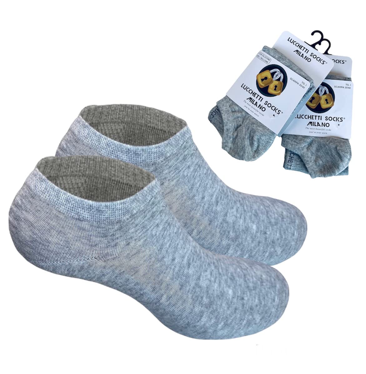 6 Paia Lucchetti Socks Milano Uomo Fantasmini Donna Cotone Nero Bianco Grigio Con Silicone Nel Tallone