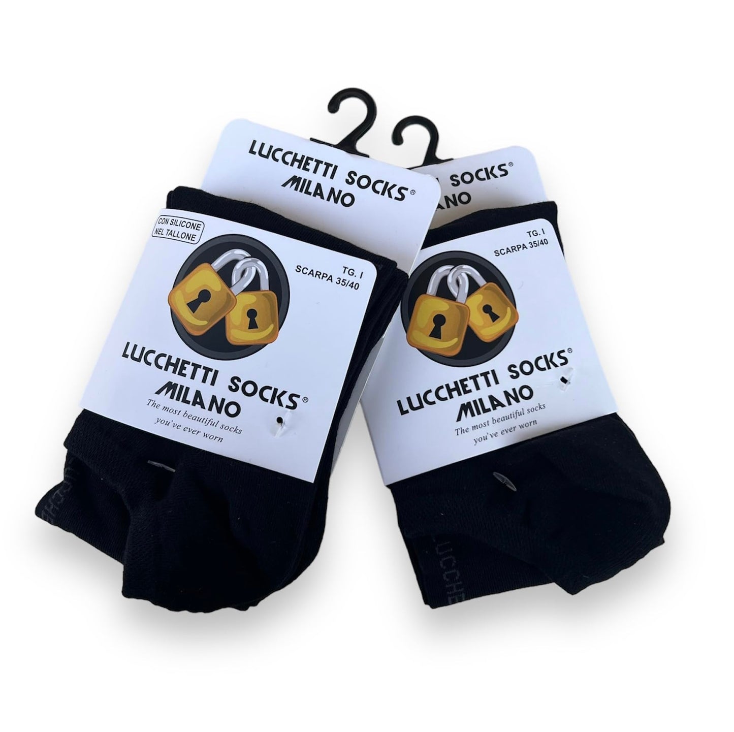 6 Paia Lucchetti Socks Milano Uomo Fantasmini Donna Cotone Nero Bianco Grigio Con Silicone Nel Tallone