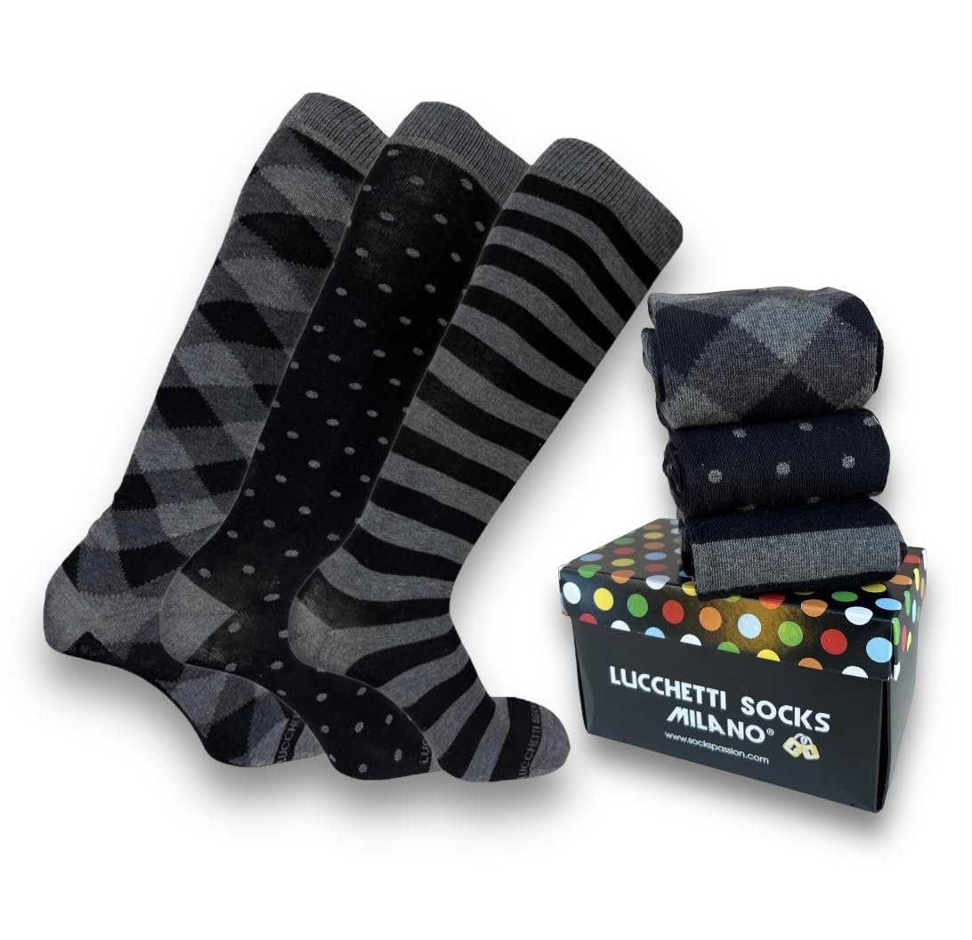 Lucchetti Socks Milano SET 3 PAIA DI CALZE UOMO LUNGHE CALDO COTONE COLORATE TENDENZA POIS FANTASIA FASHION MADE IN ITALY