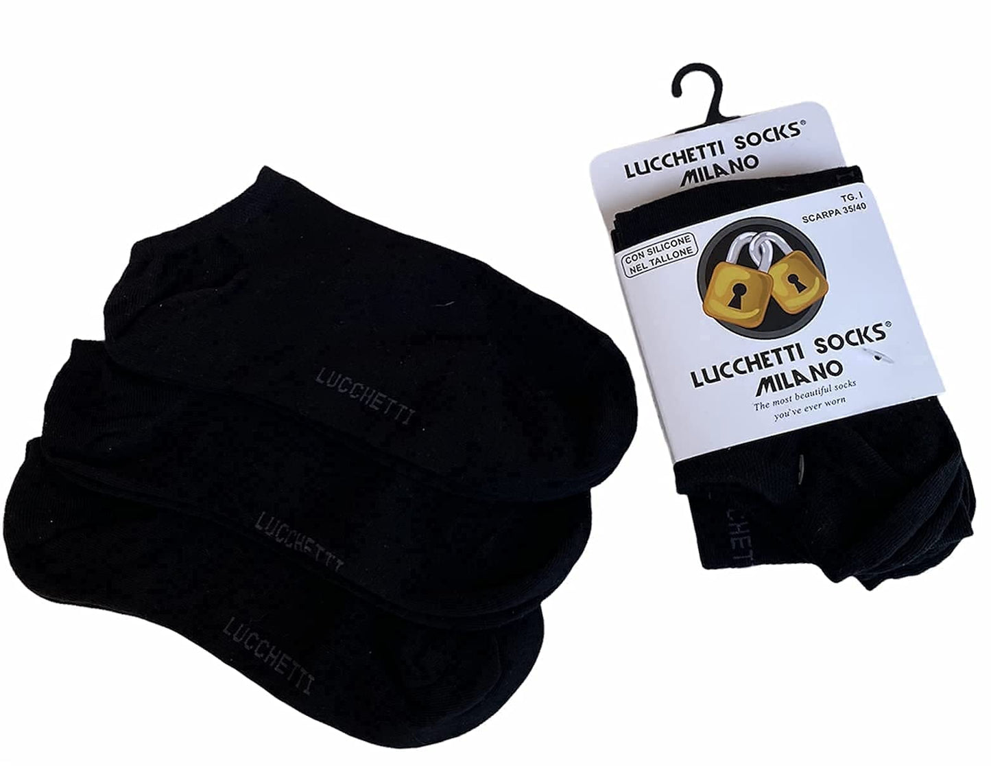 6 Paia Lucchetti Socks Milano Uomo Fantasmini Donna Cotone Nero Bianco Grigio Con Silicone Nel Tallone