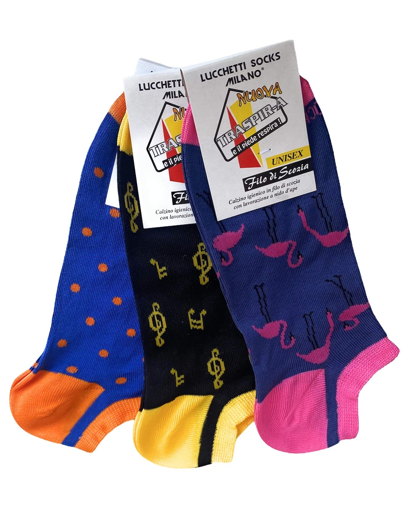 6 Paia Lucchetti Socks Milano Fantasmini Uomo Cotone Colorati Fantasia Filo Di Scozia Pois Disegni Calzini Corti Alla Caviglia Made In Italy