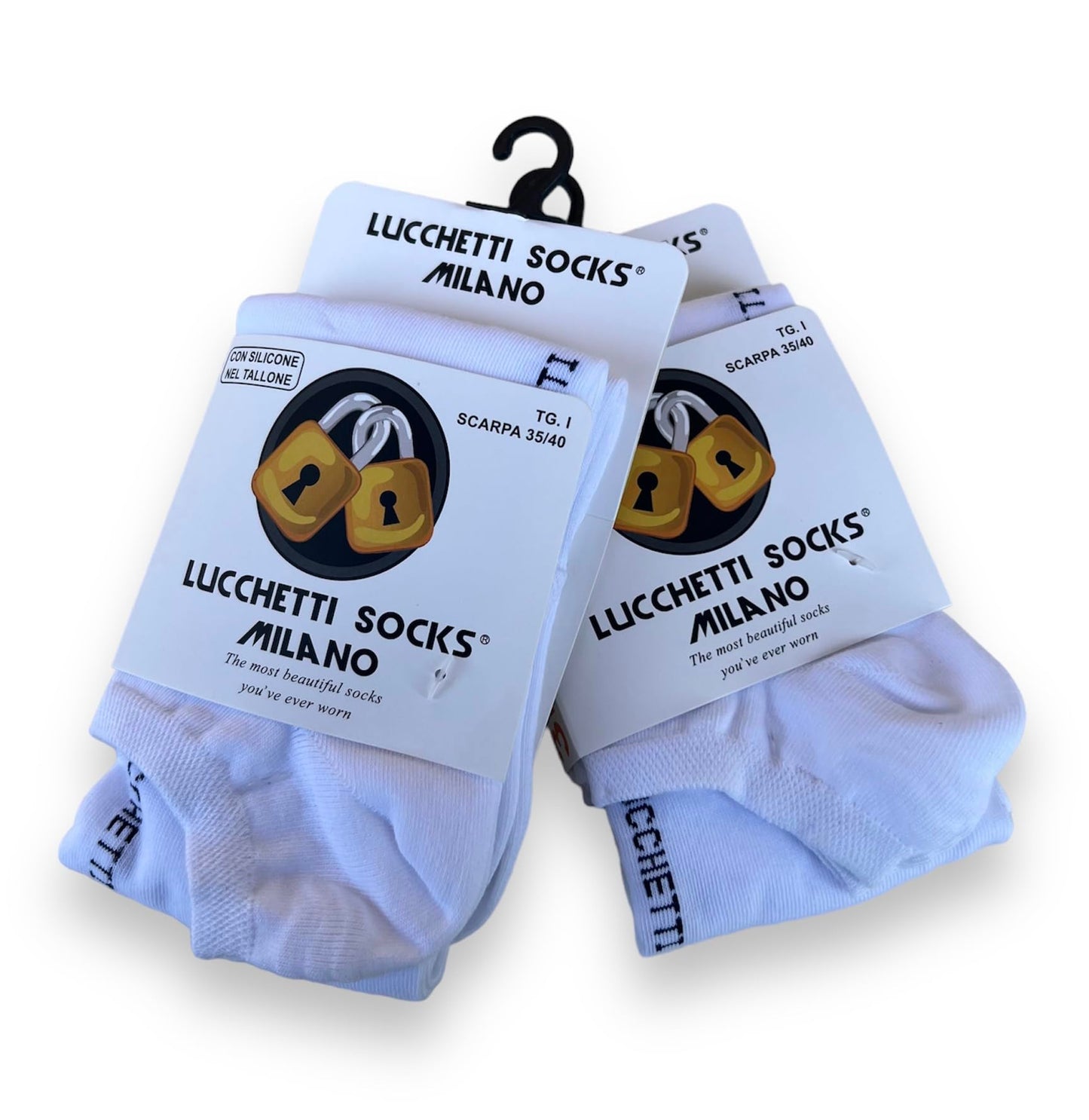 6 Paia Lucchetti Socks Milano Uomo Fantasmini Donna Cotone Nero Bianco Grigio Con Silicone Nel Tallone