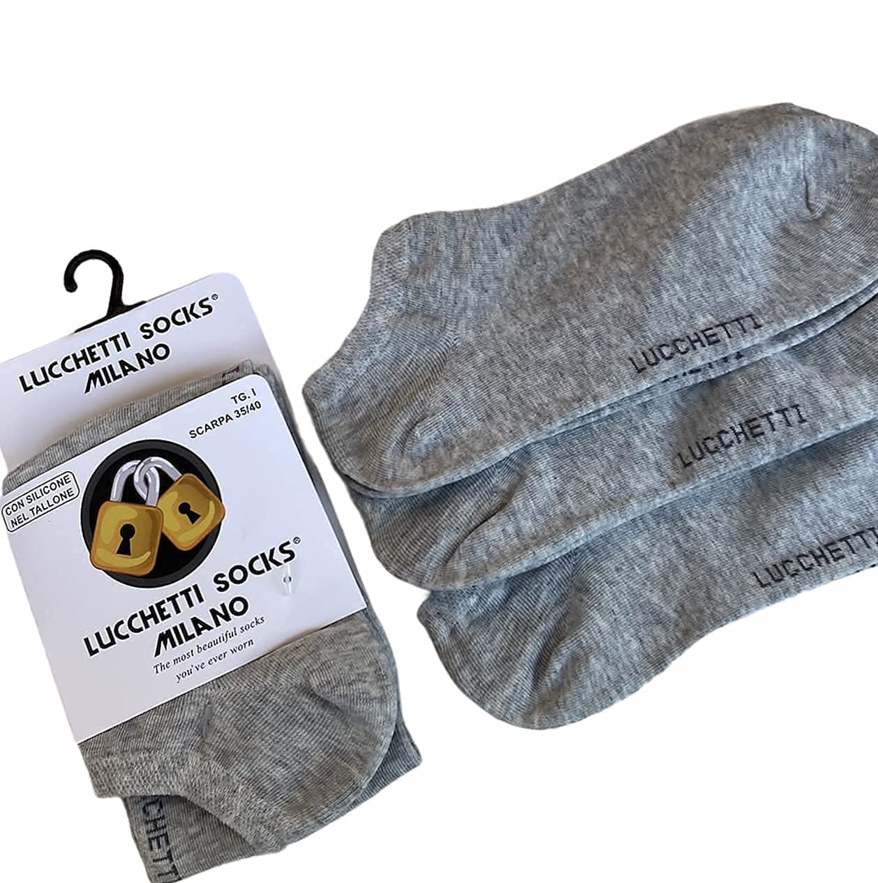 6 Paia Lucchetti Socks Milano Uomo Fantasmini Donna Cotone Nero Bianco Grigio Con Silicone Nel Tallone