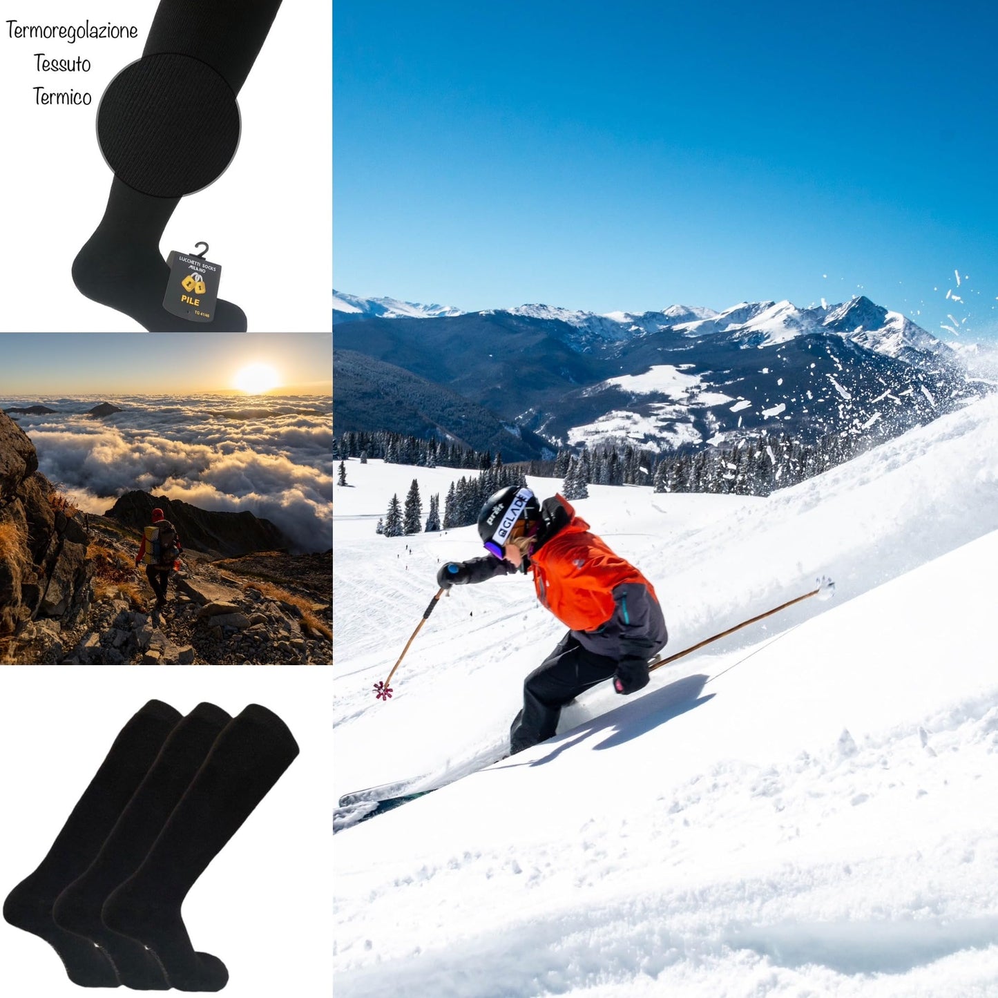 Lucchetti Socks Milano CALZE TERMICHE IN PILE LUNGHE SCI MONTAGNA PESANTI NERO BLU GRIGIO
