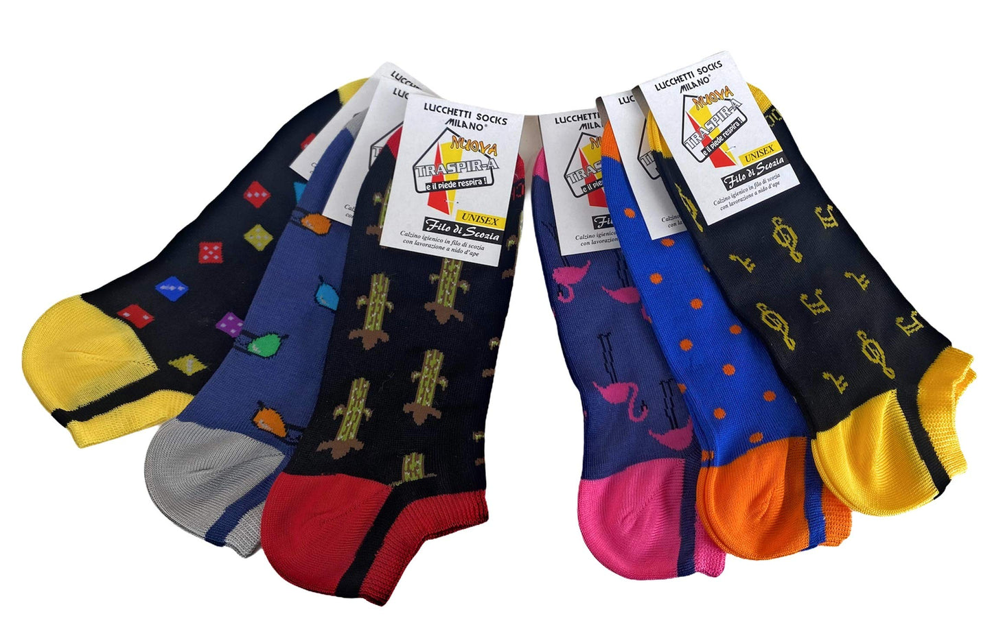 6 Paia Lucchetti Socks Milano Fantasmini Uomo Cotone Colorati Fantasia Filo Di Scozia Pois Disegni Calzini Corti Alla Caviglia Made In Italy