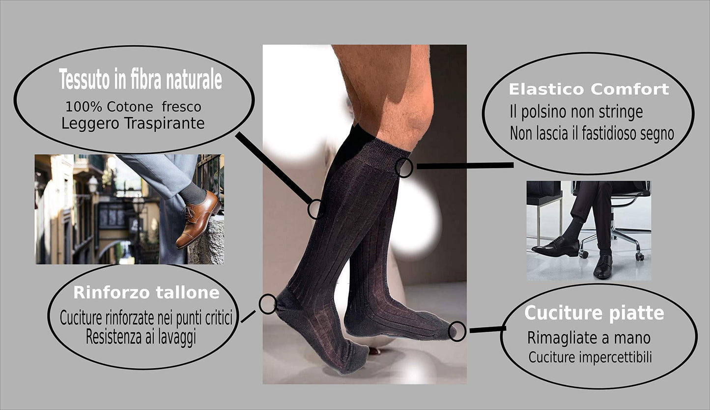 6 Paia Lucchetti Socks Milano Calze Uomo Lunghe Filo Di Scozia 100% Cotone Rimagliate Made In Italy
