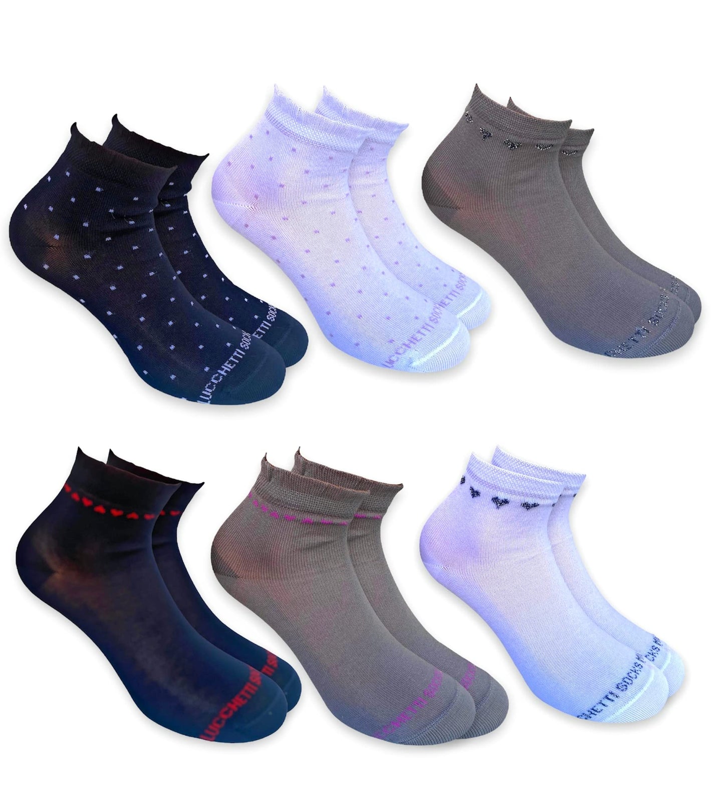 6 Paia Lucchetti Socks Milano Calzini Donna Corti Cotone Mercerizzato Fresco E Leggero Colorati Pois Fantasia Righe Made In Italy
