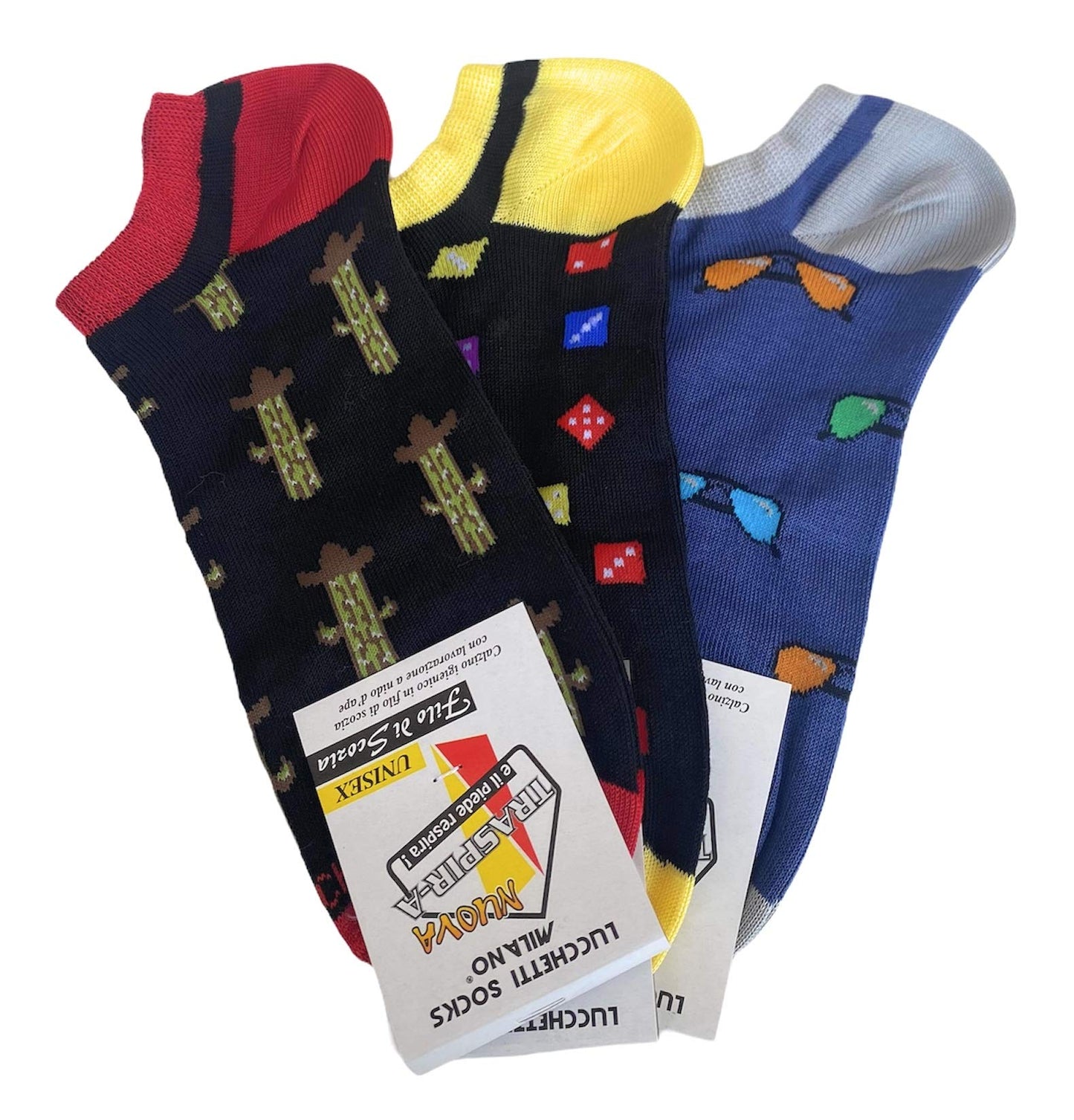6 Paia Lucchetti Socks Milano Fantasmini Uomo Cotone Colorati Fantasia Filo Di Scozia Pois Disegni Calzini Corti Alla Caviglia Made In Italy