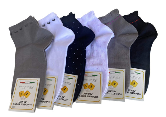 6 Paia Lucchetti Socks Milano Calzini Donna Corti Cotone Mercerizzato Fresco E Leggero Colorati Pois Fantasia Righe Made In Italy